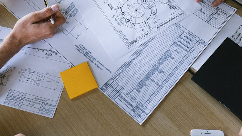 Team reviewing project requirements and planning documents at a table